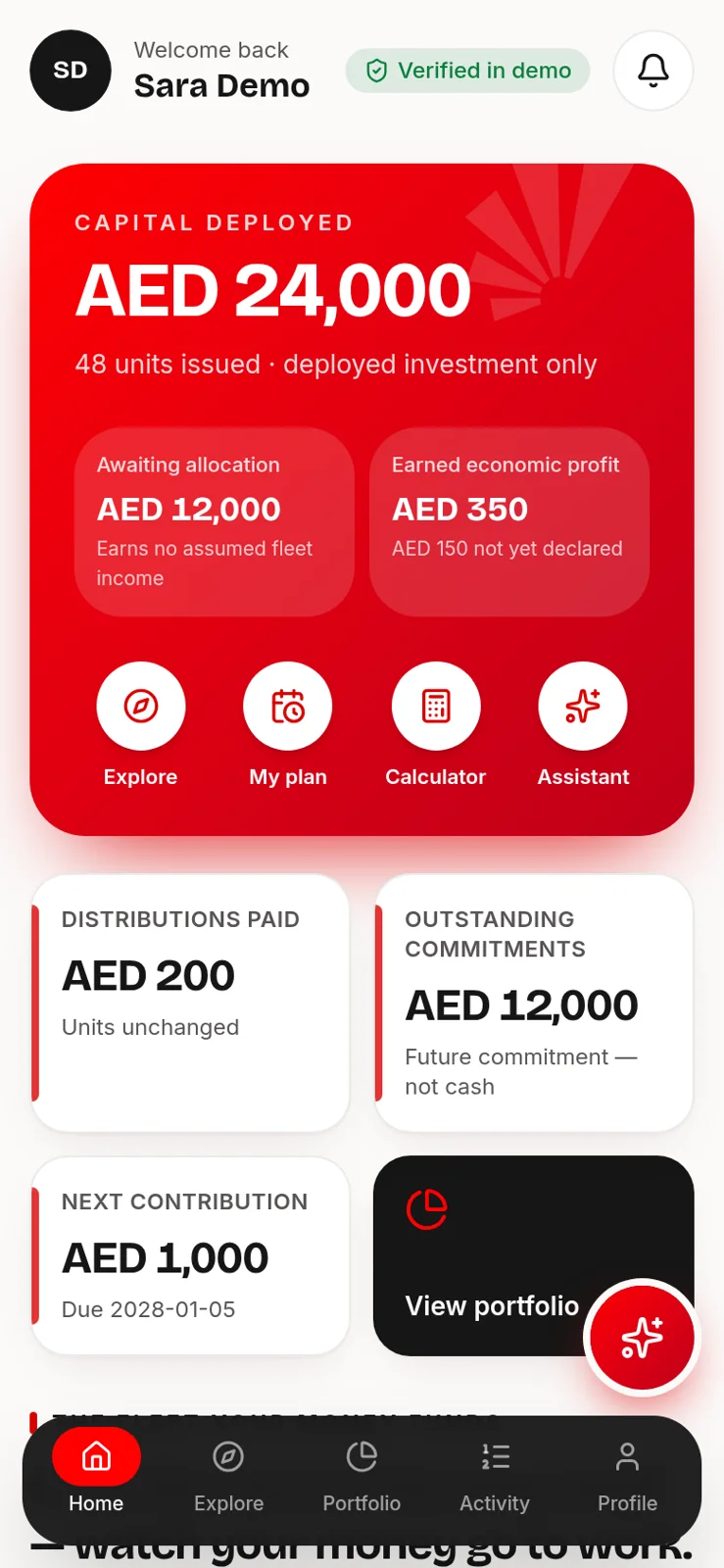 Investor demo home screen on a phone showing capital deployed and contributions awaiting allocation