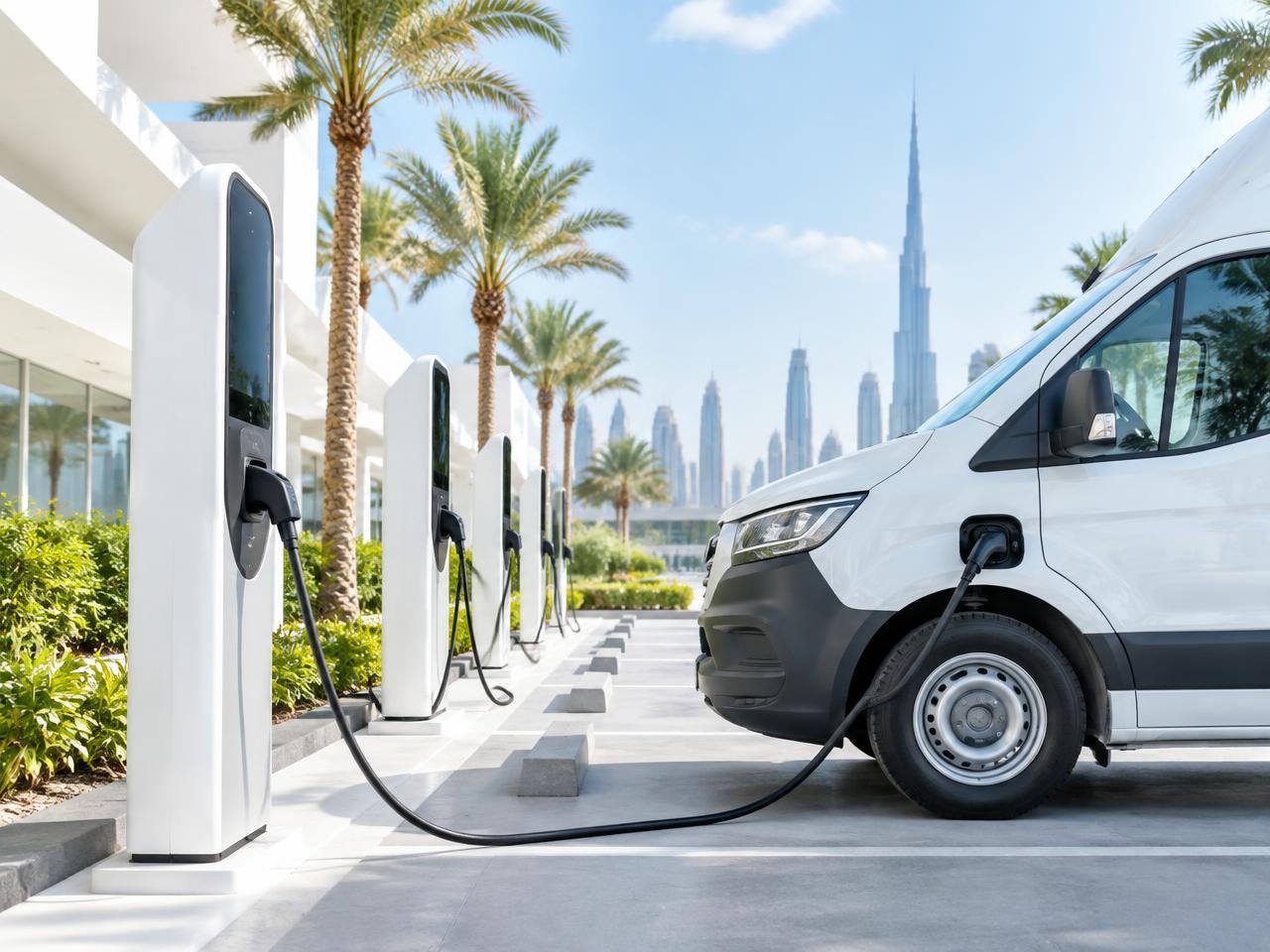 Row of electric vehicle chargers with a van plugged in