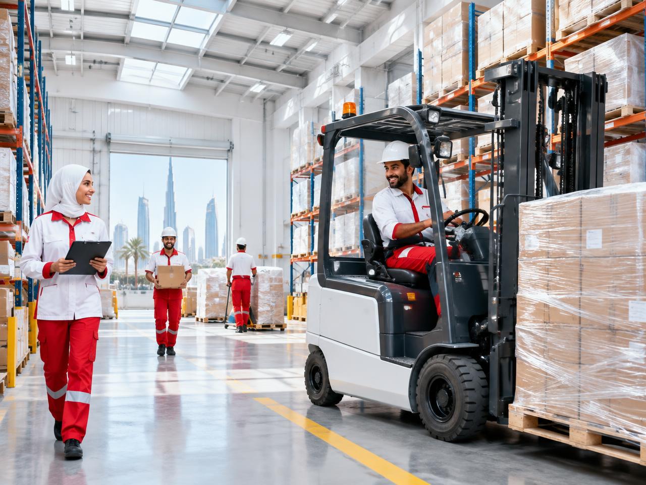 Electric forklift moving pallets in a bright warehouse