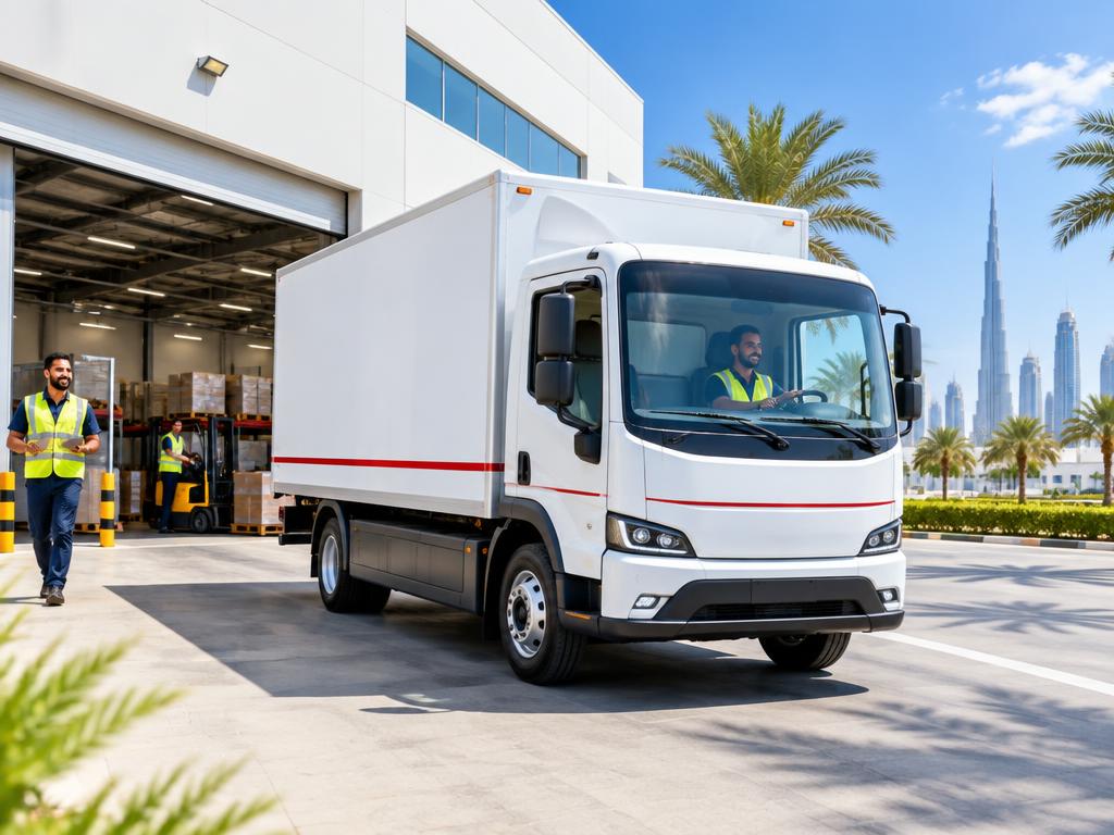 Electric box truck at a logistics warehouse